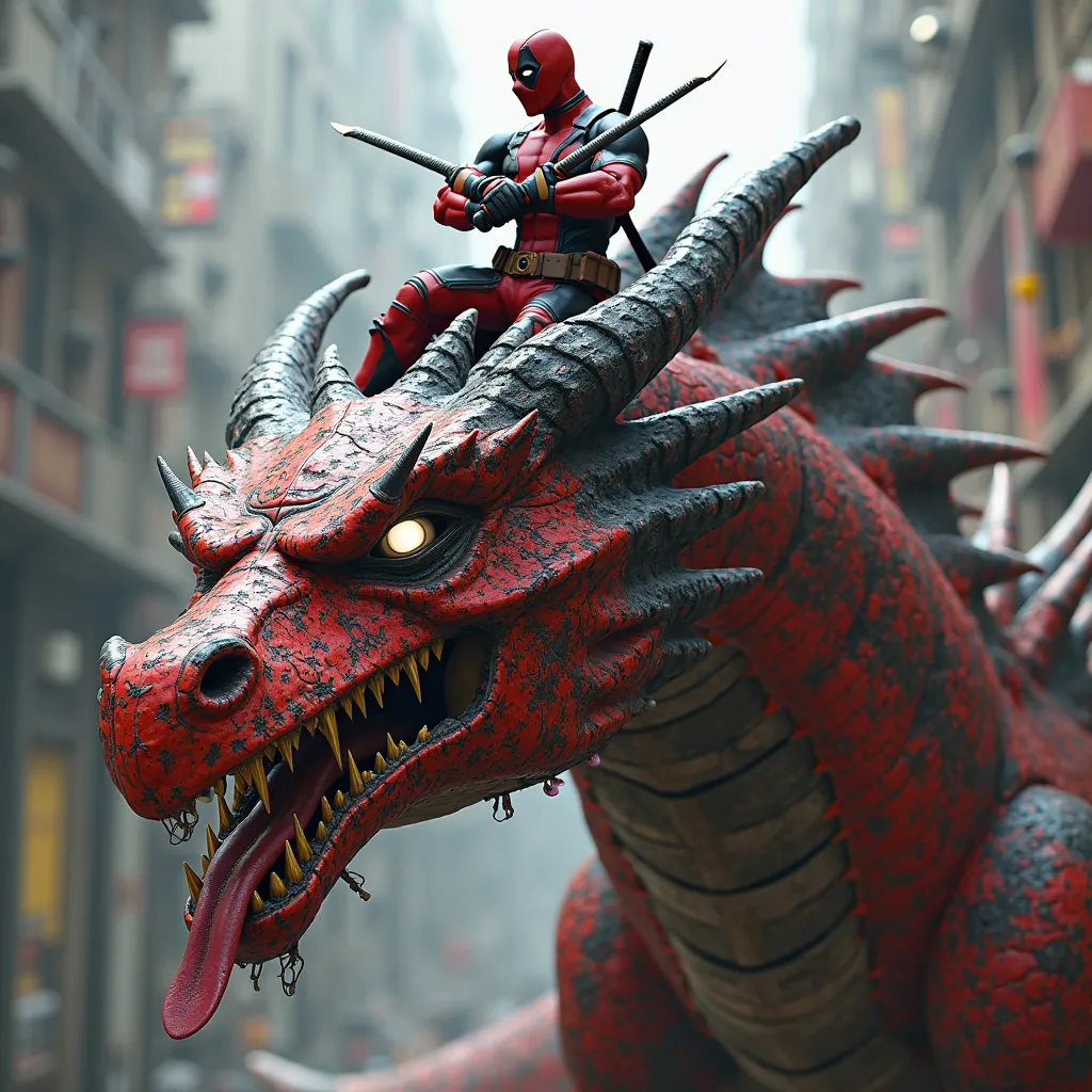 massive, chaotic dragon inspired by Deadpool, covered in a mix of red and black metallic armor, with scratches, bullet holes, and random doodles like smiley faces, tacos, and sarcastic speech bubbles etched into its scales. Its eyes glow bright white, mimi...