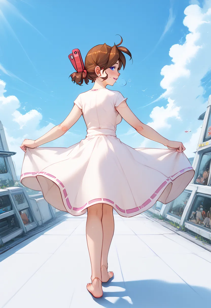 A girl is jumping in the sky, Middle age, joint seam,full body view, height 160 cm mechanical lady, skin pigment , she gets ecstasy, very short pigtails, brown hair, Hair tie with two red big red clothespins, mature, android, blue eyes, full body figure, f...