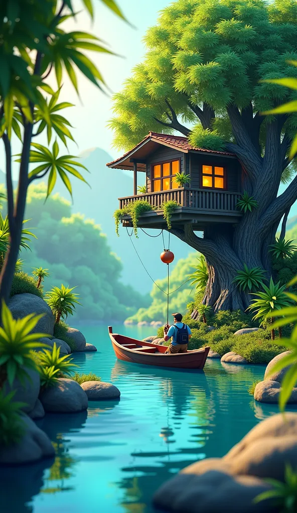 Realistic fantasy world miniature illustration depicting a fisherman and his small boat floating on a light blue river, surrounded by giant dark blue and light green weeds as landscape. The background is a treehouse with bright windows and cannabis plants ...