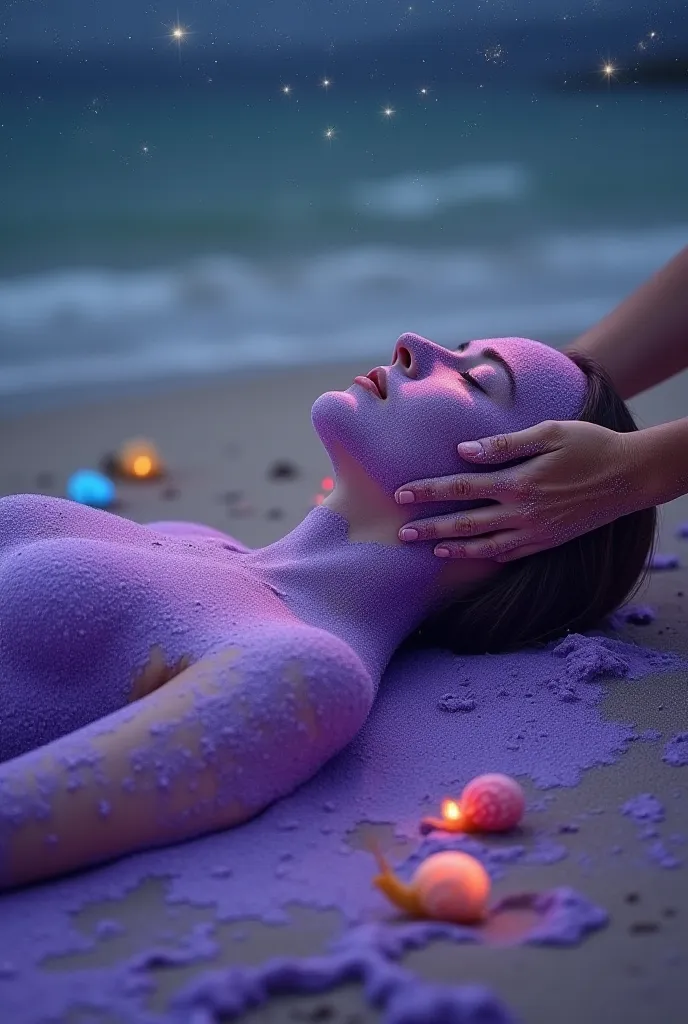 A person is lying down covered by magic sand up to their head. The head breathes normally. The sand is purple and it's magical, next to it is the sea.  The sky is STARRY . There are colored snails. Another person is doing Reiki to the person who is lying d...