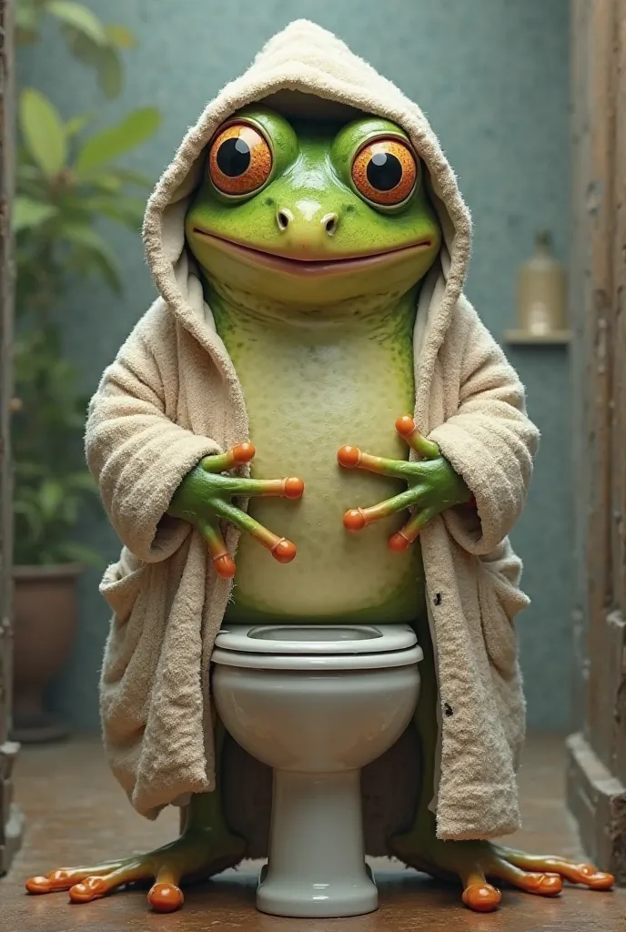 A frog in a bathrobe that has a toilet in the middle of its body
