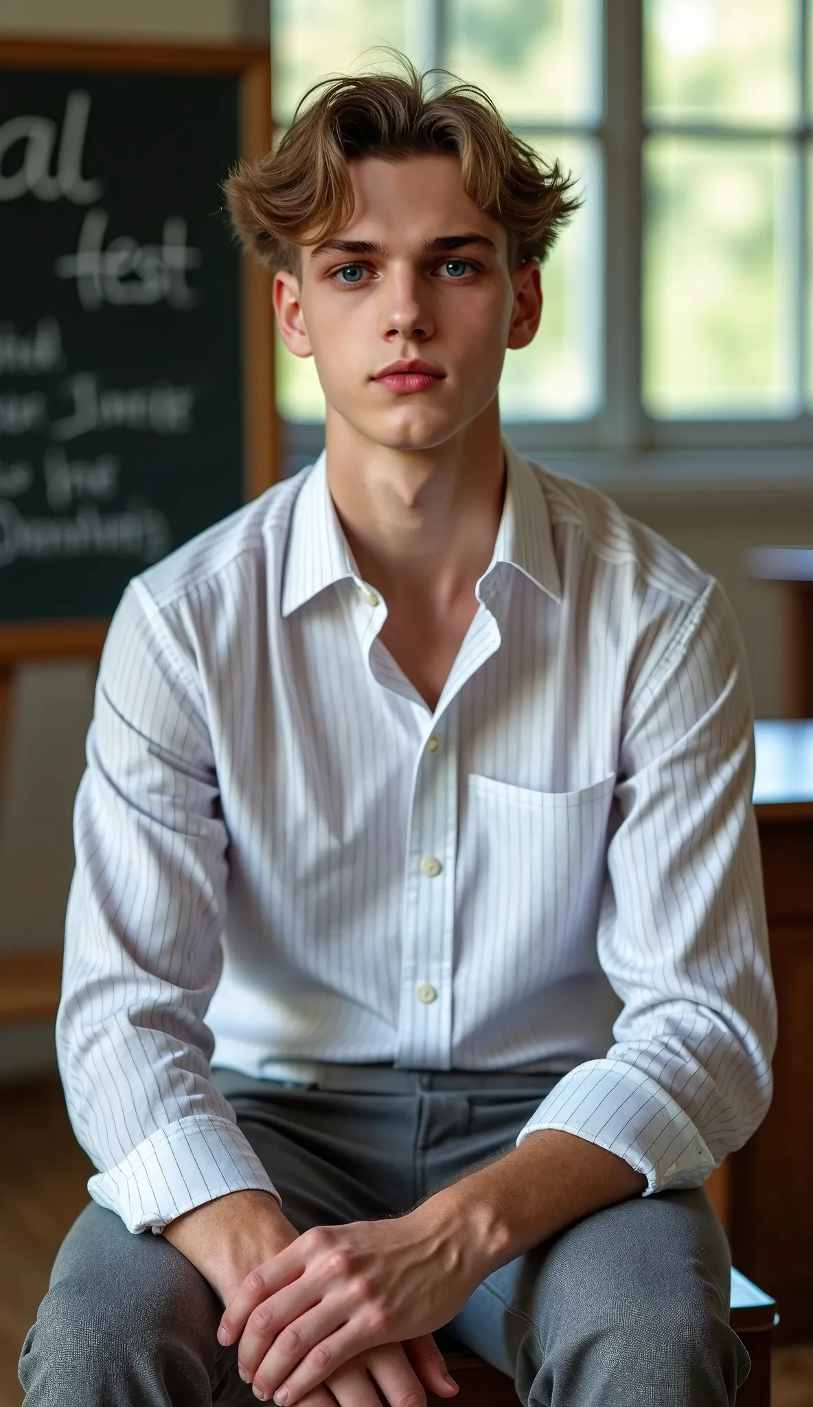 Real Photo, reality, a 25 years old guy, light brown hair, long wavy hair, hair fluttering in the wind, pale skin, blue eyes, badass, masculinity, virility, very beautiful guy, the most beautiful guy of the world, a teacher, wearing a white shirt with thin...