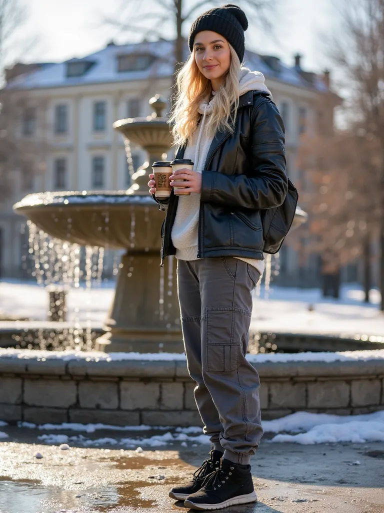 Sunny spring. Moscow park. There are puddles on the ground and some snow. A young blonde woman. She is wearing dark-grey cargo-pants, black sneakers, a black leather jacket, warm white hoodie, and a black knitted wool hat. She stands  with a starbucks coff...