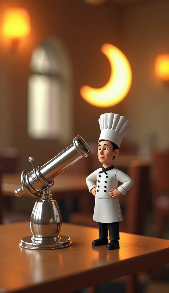 A miniature chef, dressed in a **white and black uniform with a tall chef’s hat**, standing proudly beside a **silver Ramadan cannon** on a rustic **wooden table**. Behind him, a beautifully glowing **crescent moon** shines in the background, creating a fe...