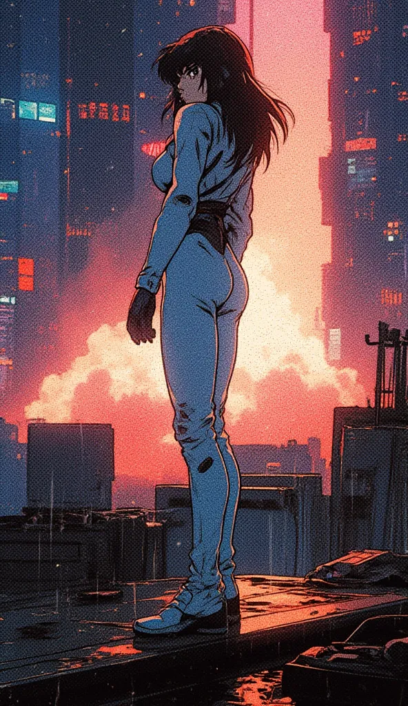 A full-body anime character in the style of Masamune Shirow's Ghost in the Shell blended with 80s/90s anime aesthetics like Akira, standing on the edge of a skyscraper rooftop at night with a dramatic explosion in the background. She has a fit, athletic ph...