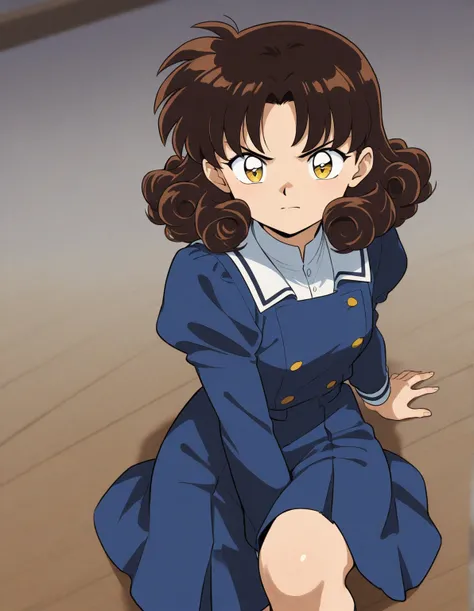 One  girl that is a sixth grade primary school student. She has really short curly brown hair with shiny golden eyes with blue dress uniform. She is slightly smiling, but little bit serious. Kind. Inuyasha anime character art style. High quality. 