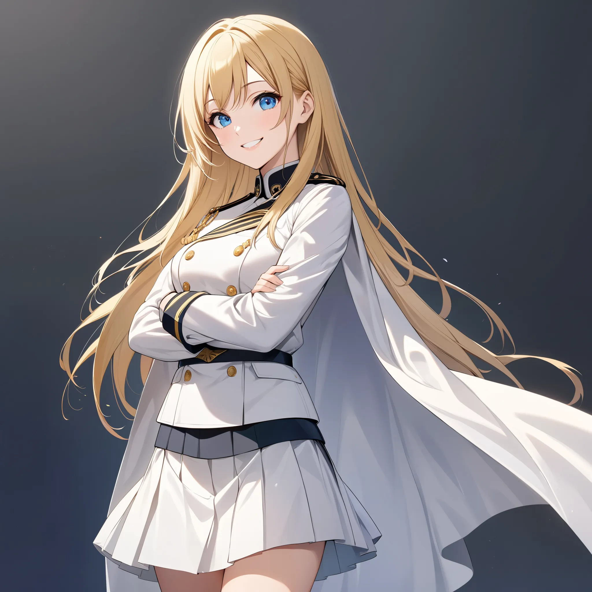 High resolution, high quality, HD, beautiful female, 1 female, beautiful, ager, cheerful, smiling, medium breasts, long straight hair, blonde hair, blue eyes, white military uniform, white skirt, shor skirt, white cape, black boots, cross arms