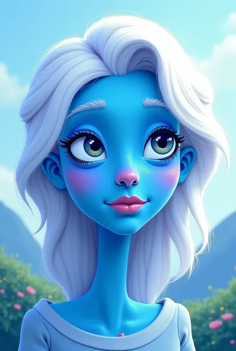 Make me a cartoon character for a 30-year-old woman with a beautiful blue face. She has a bright white and beautiful skin and used to treat wounds
