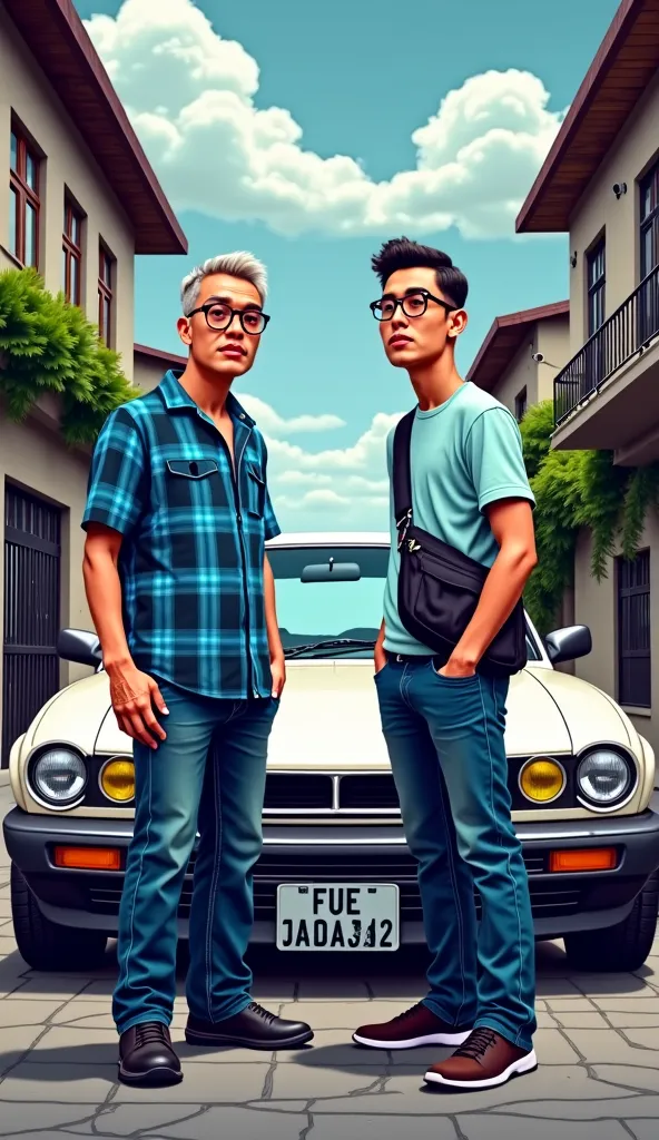 A realistic scene on the streets of the city with two men standing in front of a white car that has some modifications and stickers. One of the men is wearing a blue plaid shirt old man with hand on hip, while the other is wearing a light blue t-shirt and ...