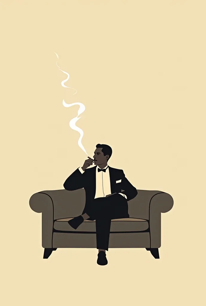 A minimalist design inspired by Old Manila, featuring a simple illustration a man on old suit smoking and sitting on Single sofa . The background is a muted sepia or beige tone, with clean lines and minimal details to evoke a sense of history.