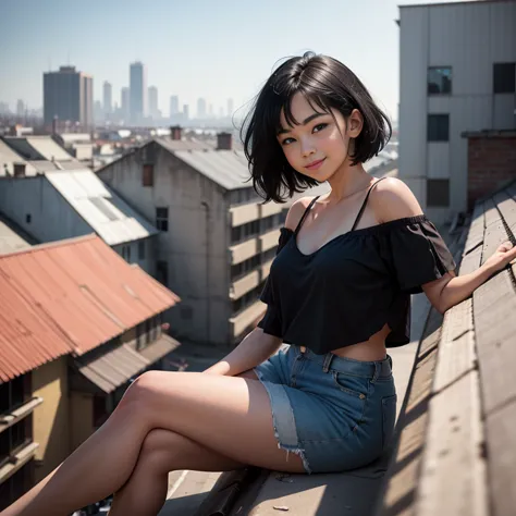 The image shows a cute young woman sitting on the edge of a roof. She appears to be smiling and looking directly at the
camera. The woman has short black hair and is wearing a black top with a plunging neckline. Her pose suggests she might
be posing for a ...