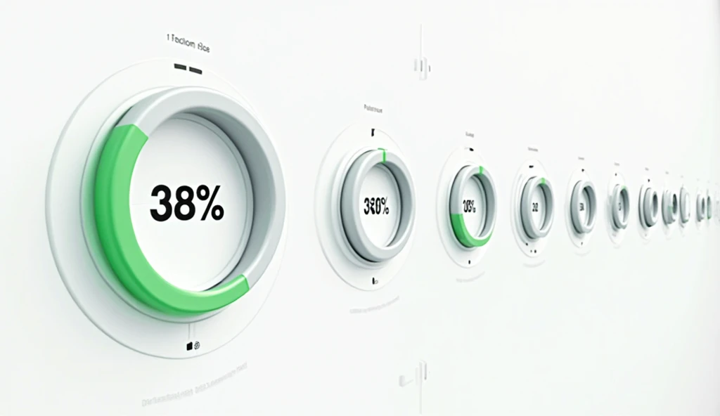 The image features a collection of circular progress indicators displaying percentage values from 0% to 100%. The largest circle on the left highlights a 38% completion with a bold black number inside, and a corresponding green-filled section on the circul...