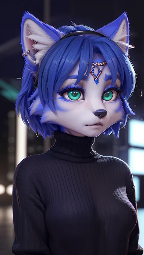 a portrait of   ((krystal)), Star Fox-Krystal, lovable,   green eyes, ((( Long blue hair 1 .3))),  cleavage, anthro, blurred,  detailed Fluffys fell, detailed face, (Fluffy),   1 girl, ,woman, Goth,   green eyes, Undercut, ultra-realistic 8k CG ,  masterpi...