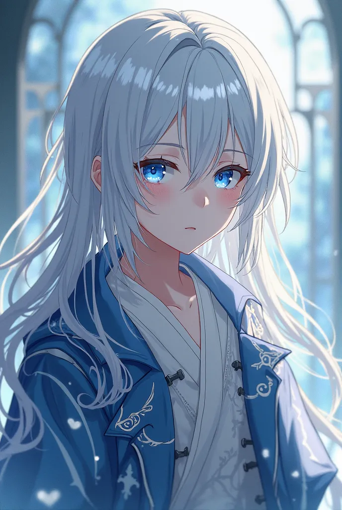 A boy anime character, white hair, long hair,  straight hair, blue eyes, beautiful, design,  Japanese anime .