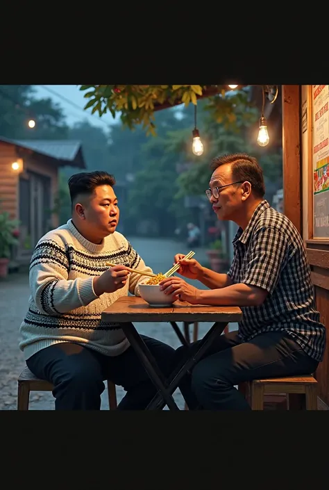 Nort Korean president(Kim Jong un),wearing a white black motif sweeter and black pants
a 45 year old Asian man,wearing glasses,wearing a black  white checkered Shirt and black pants
sitting together eating chicken noodles in a roadaide stall.night and Indo...