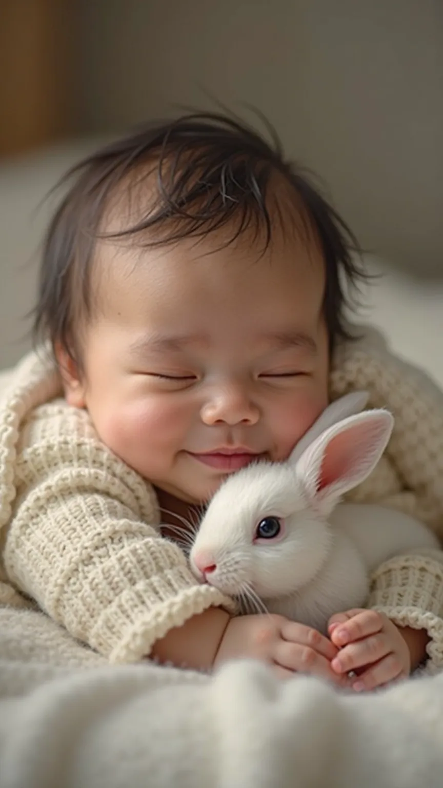 3 month old Japanese baby, the baby is sleeping with smile, a baby rabbit smiling and watch the baby, super real photo, Detailed Details ,High quality photo