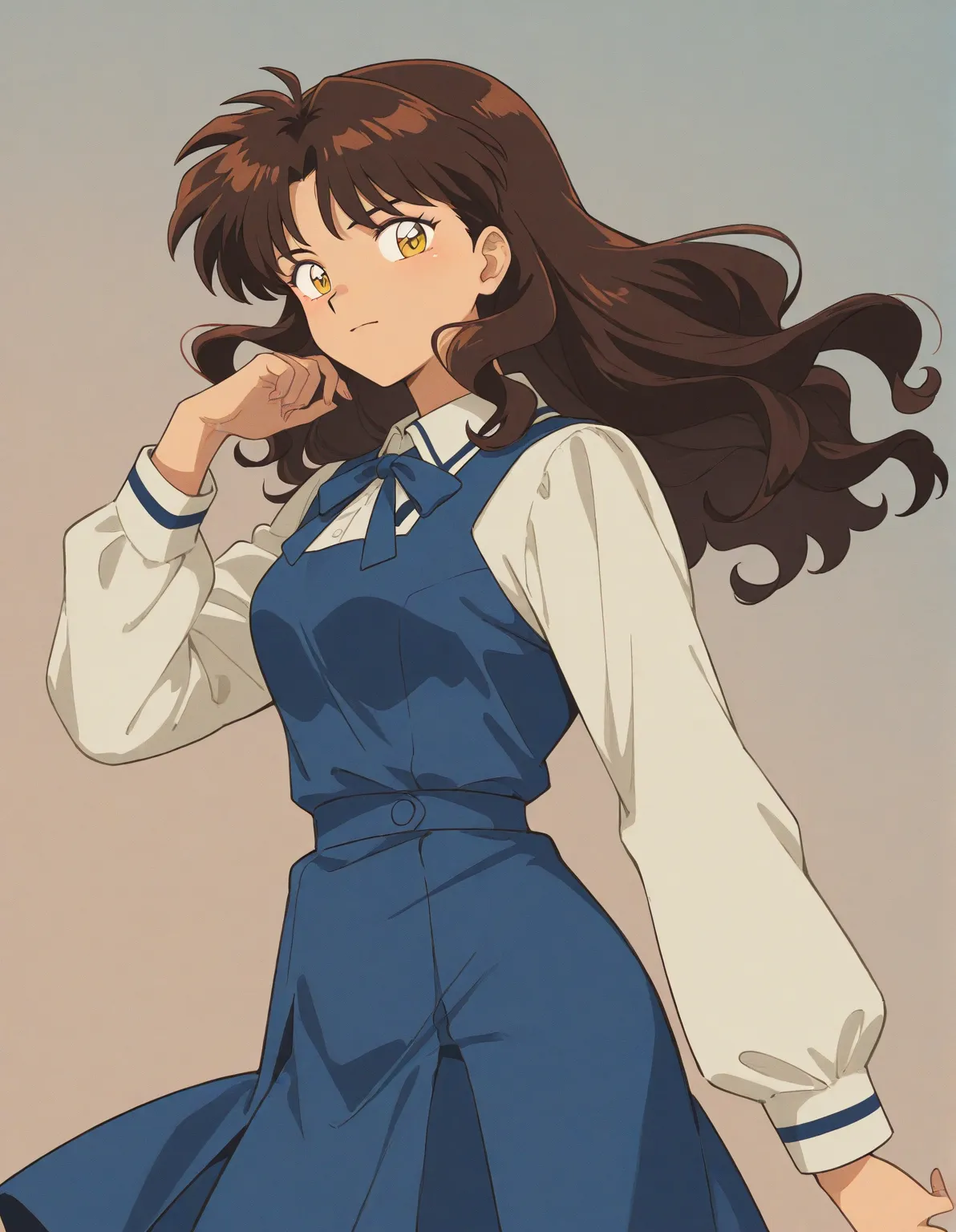 One  girl that is a sixth grade primary school student. She has really short curly brown hair with shiny golden eyes with blue dress uniform. She is calm. Kind. Inuyasha anime character art style. High quality. 