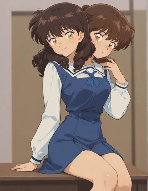 One  girl that is a sixth grade primary school student. She has really short curly brown hair with shiny golden eyes with blue dress uniform. She is calm. Kind. Inuyasha anime character art style. High quality. 