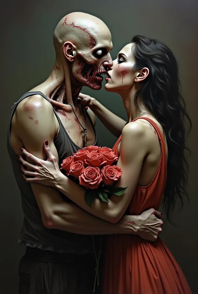 I want a pair of male and female zombies oil painting style the man who is biting the brain of the woman, The two of them have torn clothes and are clearly zombies with completely white eyes and teeth with fangs and stains, something that their eyes reflec...