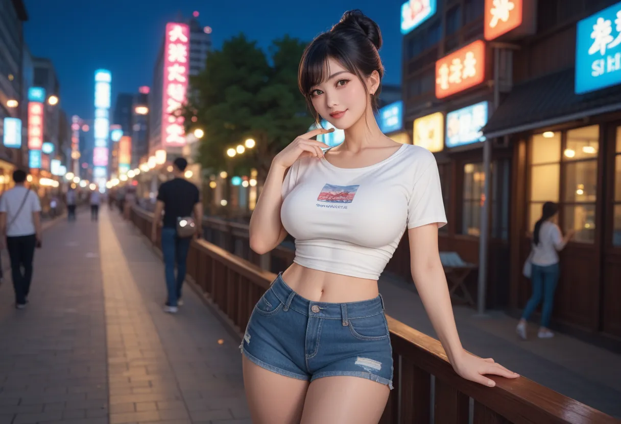 big breasts、 spherical chest 、 BEAUTIFUL JAPANESE WOMAN、long black hair up to the waist、A cute shirt and denim shorts、The city lights are shining 