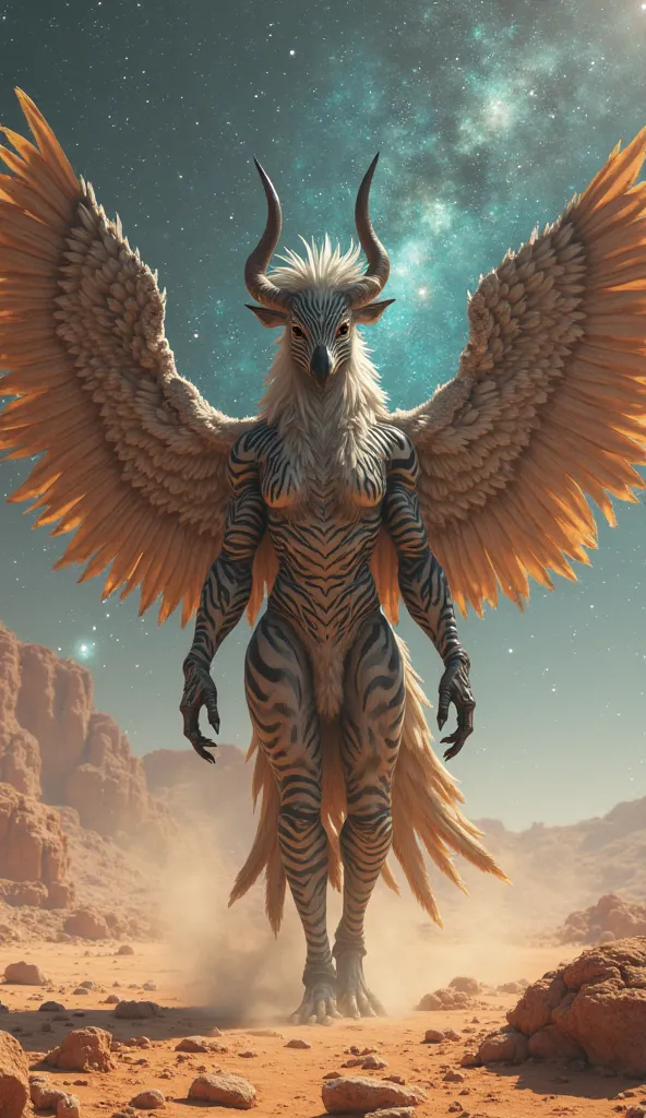 Alien Harpy female human zebra bull desert galaxy space standing body 