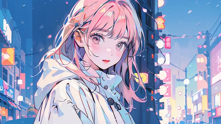 main character (woman): long black hair,  big eyes with lots of tears ,  Tears flowing down my cheeks .  close : Winter coat(Pastel Pink ), muffler(ivory).
background:  Cold Winter Night ,  the streets of the city are hazy with neon lights .  Snowflakes ar...