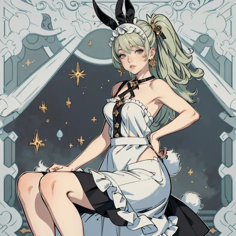 two black rabbit ears, rabbit tail, Bunny girl, 1girl, green hair, harness, dress, solo, buns hairstyle, ahoge, armpits, bare shoulders, glow eyes, harness, maid dress with bare shoulder, chest sarashi, collarbone, garter on the legs, cowboy shot, stomach,...