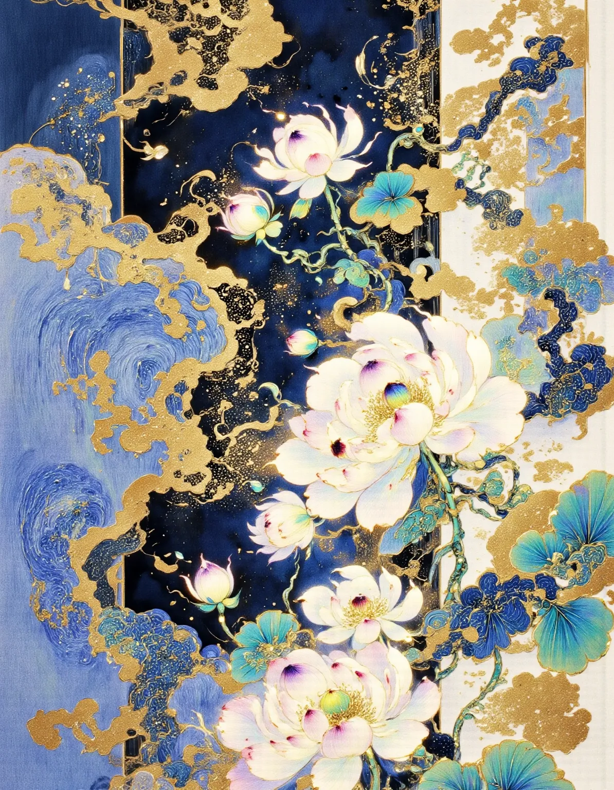 Complex blue and white porcelain pattern incorporated into hazy dark landscape，Peony vines intertwined with clouds，Indigo blue and ivory scheme，Jade green embellishment，Silk texture with embossed effect，Symmetrical border with key pattern，Subtle golden sil...