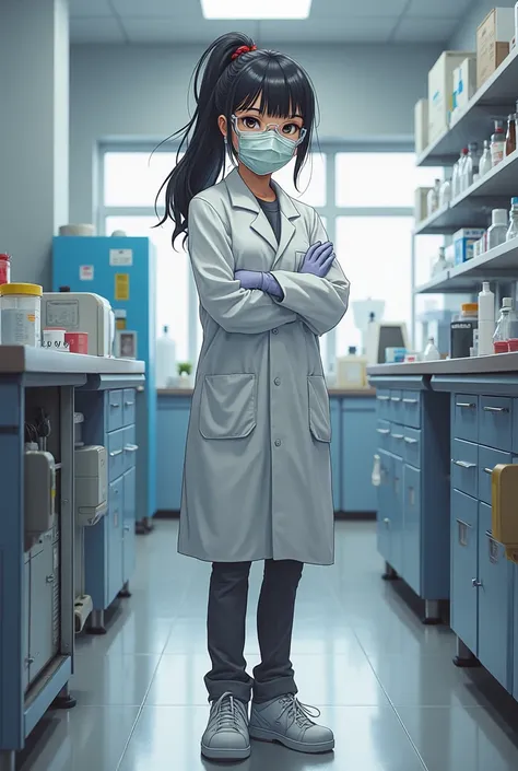 Being in a lab wearing a lab coat, goggles, mask, gloves and lab shoes. Must look like a brown skin tone, my hair is ponytail, black hair with a fringe. Eyes are black color. Realistic 
