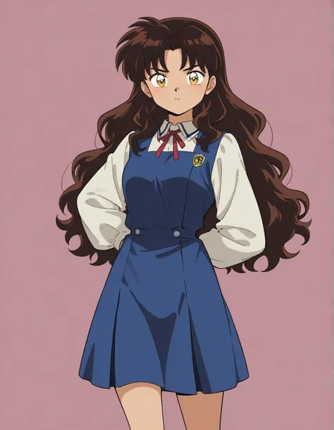 One  girl that is a sixth grade primary school student. She has really short curly brown hair with shiny golden eyes with blue dress uniform. She is calm. Kind. Inuyasha anime character art style. High quality. 