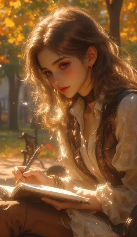 (masterpiece, ultra-high definition, photo-realistic), a woman sketching in a journal at a quiet park bench, golden autumn leaves falling around her, detailed pencil strokes, soft natural lighting, elegant composition, peaceful and intimate atmosphere, stu...