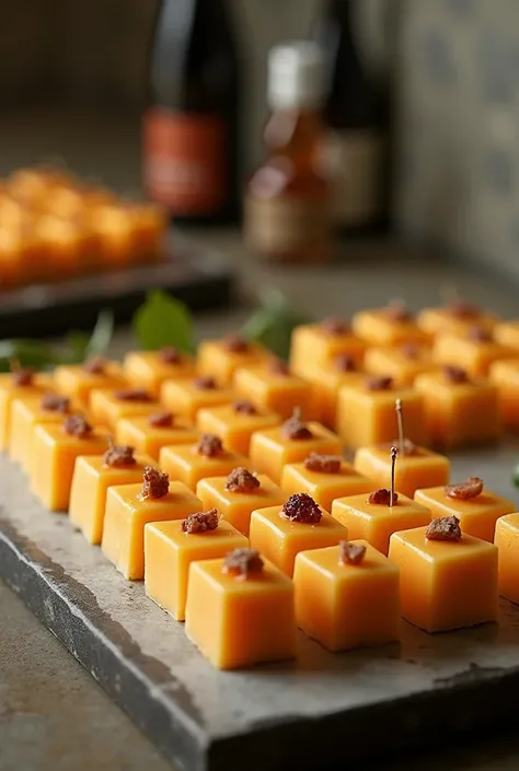 Generate an impactful image with a table filled with square cheese canapes
