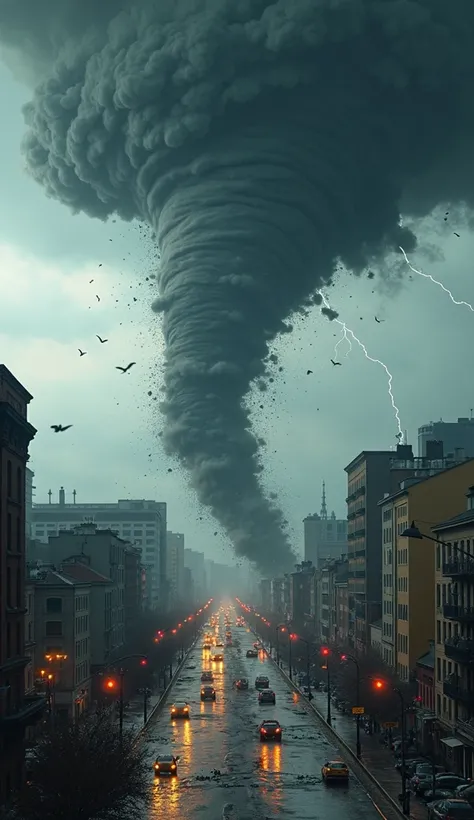 "A terrifying, hyper-realistic tornado barrels through a city, its massive, dark funnel cloud descending from a stormy sky to the ground with catastrophic force. The vortex churns violently, picking up debris, cars, and entire buildings in its path. The to...