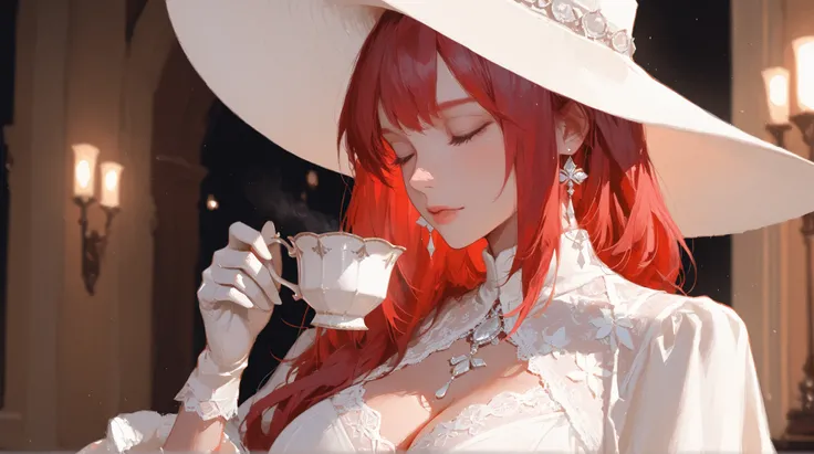 A beautiful woman with long, red hair, wearing a white, lace-trimmed top and gloves, a wide-brimmed white hat, and delicate white jewelry, holding a teacup. The image should be in a highly detailed, painterly style with a soft, romantic lighting, masterp...