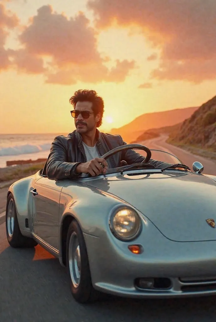 Hyper-realistic photo of Bollywood actor Shah Rukh Khan driving a sleek silver Porsche 911 Carrera on a scenic coastal highway. He is wearing a stylish black leather jacket and aviator sunglasses, smiling confidently with one hand on the steering wheel. Go...