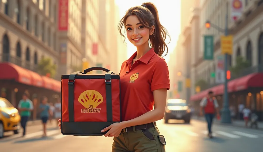 generate an American woman dressed as a food delivery worker 