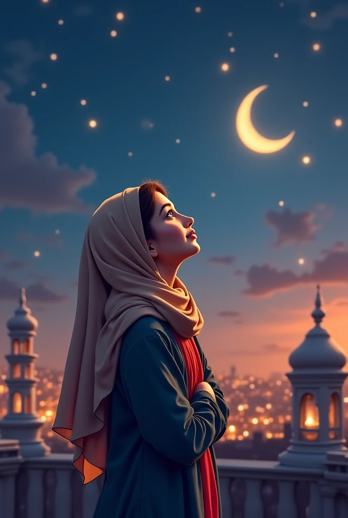 A muslim girl smiling to see moon of Ramadan standing on roof