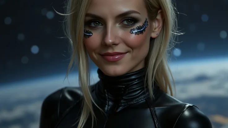 she wears latex  ,  smiles.  is evil space alien in disguise.  blonde.