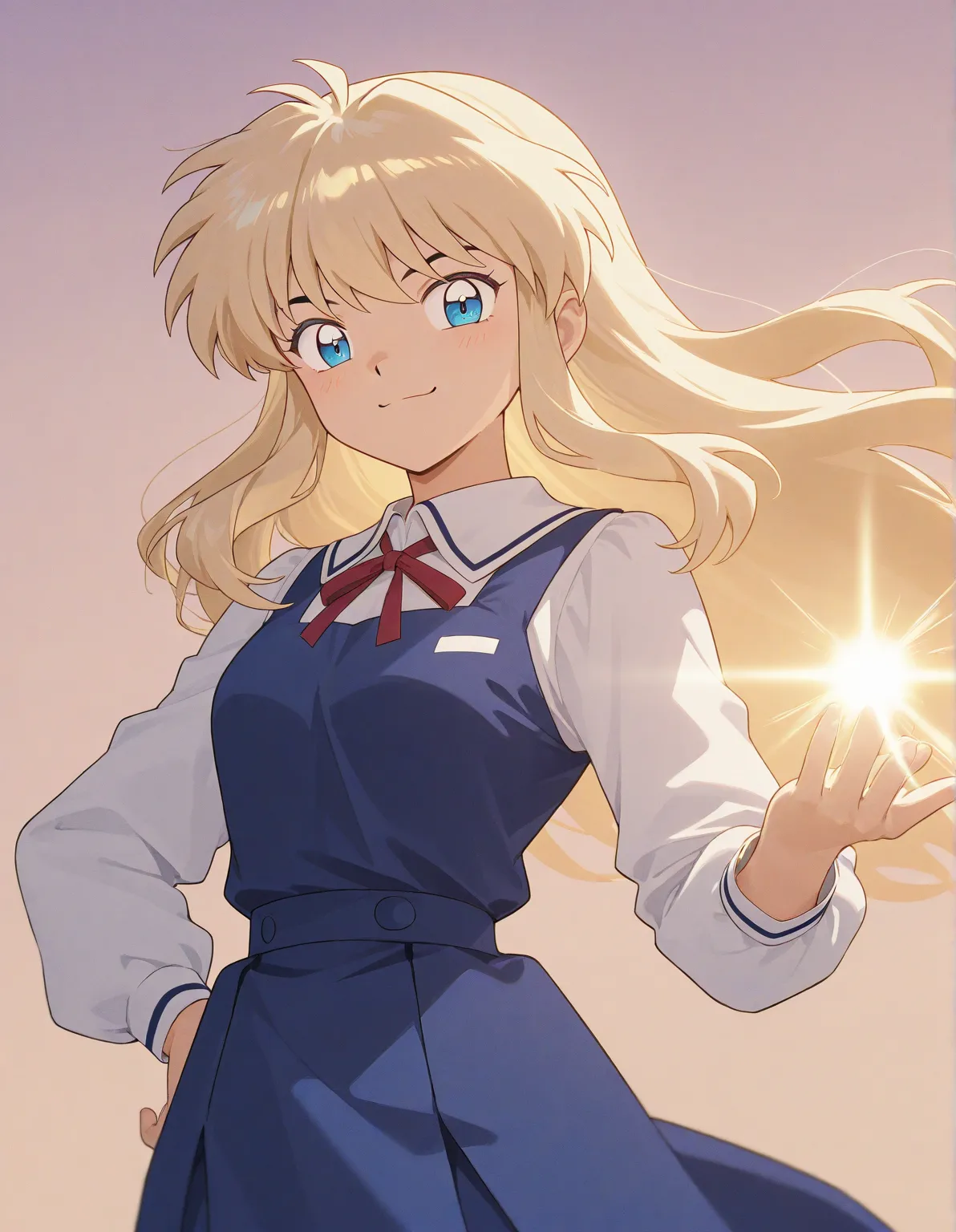 One  girl that is a sixth grade primary school student. She has really short wavy light blonde hair with shiny blue eyes with blue dress uniform. She is smiling. Kind. Inuyasha anime character art style. High quality. 