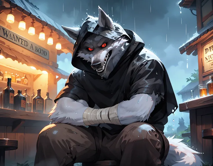 solo male, detailed background, Sitting down, Bar, Holding wanted poster, soaked wet, Raining outside, Night time, an anthropomorphic, silvery-white wolf with an elongated snout, gray mask-like markings on his face, sharp teeth, and glaring, sinister red e...