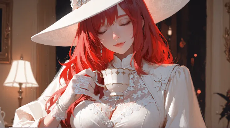 A beautiful woman with long, red hair, wearing a white, lace-trimmed top and gloves, a wide-brimmed white hat, and delicate white jewelry, holding a teacup. The image should be in a highly detailed, painterly style with a soft, romantic lighting, masterp...
