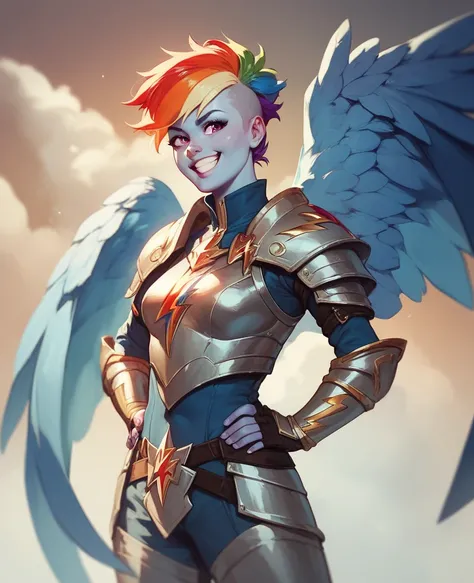 Human rainbow dash, blue skin, smiling, long blue wings, wearing a silver armor, hands on the hips 