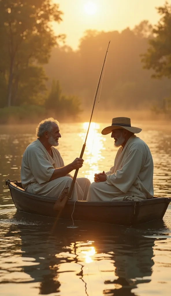 "Jesus Christ, dressed in a simple white robe with a gentle glow around Him, sits peacefully in a small wooden boat on a calm lake, fishing alongside an elderly man with a weathered face and kind eyes. The old man, wearing a humble fishing hat and simple c...