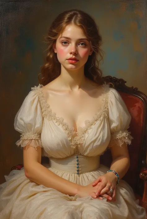 masterpiece，A work that looks like a masterpiece、Impressionism 、Renoir， European style, sitting, Looking at the camera, beautiful young girl big breastsLooking at the camera, beautiful young girl big breasts 