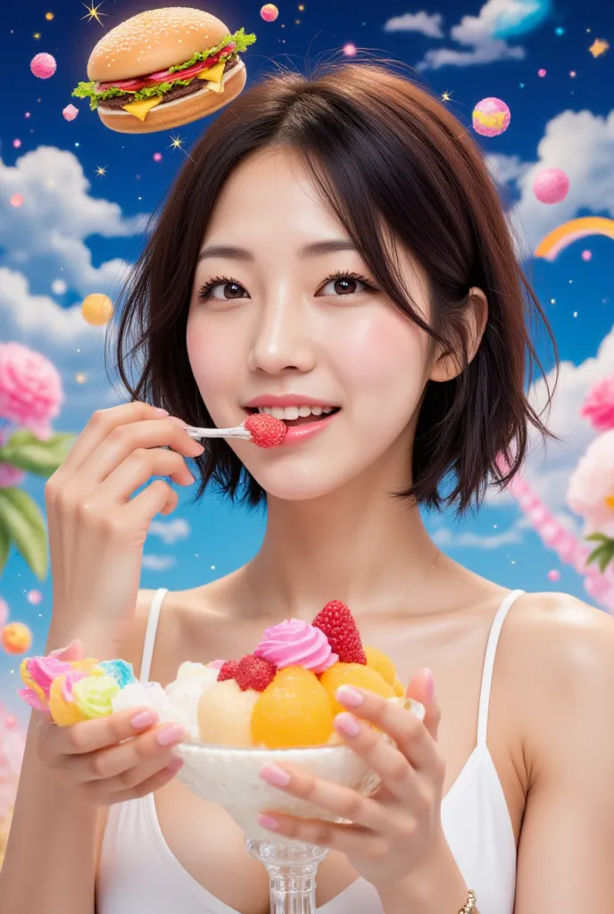 A young Japanese woman in her 20s with short, shaggy black hair is joyfully taking a bite of a jewel-like fruit parfait. The parfait is colorful, highly detailed, and served in a shining glass dish, sparkling like gemstones with layers of fruit and cream, ...