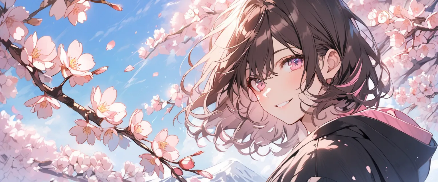 alone，medium hair ，dark brown hair， with pink highlights on the tip，woman， light pink eyes，smile，cherry blossoms，blue sky， handsome，black hoodie