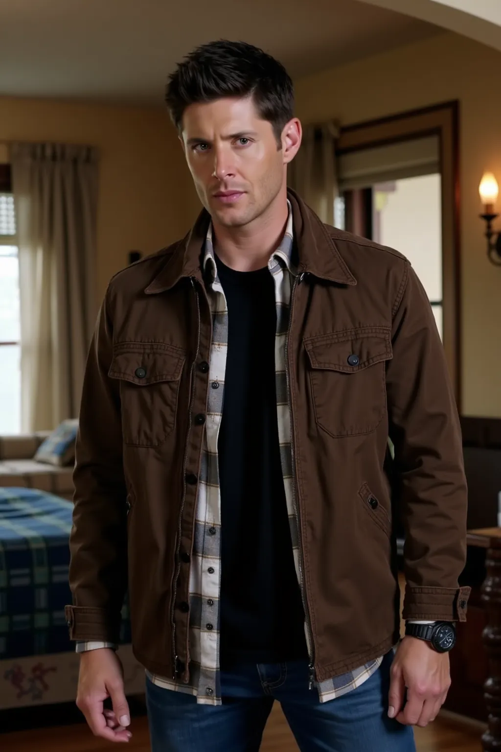 An extremely handsome man with masculine and at the same time fine features , has a sensual look,  striking blue eyes and slightly messy jet black hair , He looks strong and wears an Brown Wilsons Jacket and  Black TShirt and White Plaid unbuttoned Shirt w...