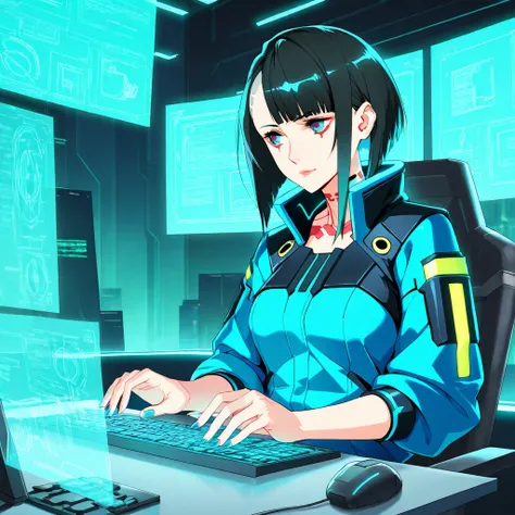 "A cyberpunk-style anime girl sitting in front of a futuristic computer setup. The scene is minimalist yet stylish, with a sleek, high-tech aesthetic. The girl has short dark hair, wears a slim-fitting, modern jacket with neon blue accents. The monitors di...