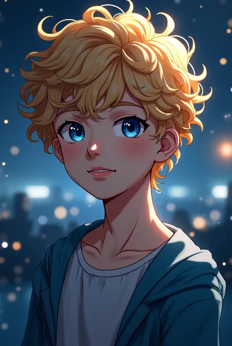 Do the face of a 22-year-old boy with curly blonde hair at night anime style. More anime style 