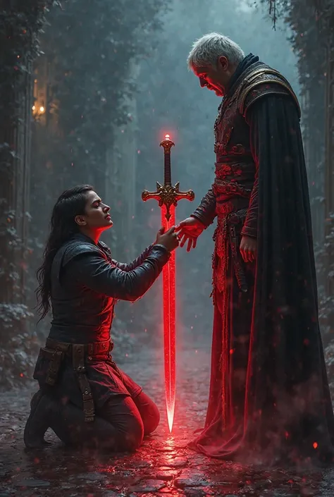 A follower giving sword to his boss intensity red and danger